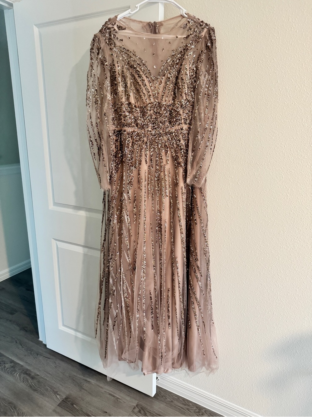 Embellished Long Sleeve Evening Dress - Taupe